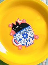 Load image into Gallery viewer, Black cat in teacup waterproof vinyl sticker
