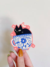 Load image into Gallery viewer, Black cat in teacup waterproof vinyl sticker
