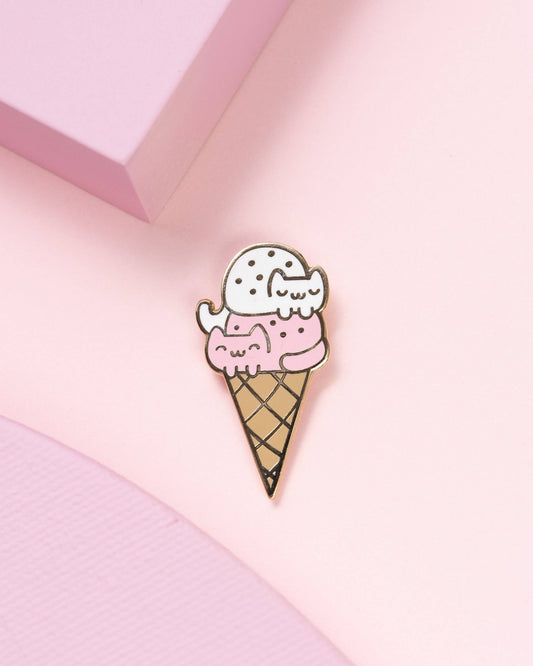 Double Dip Cat Cream Cone Enamel Pin • Vanilla Strawberry